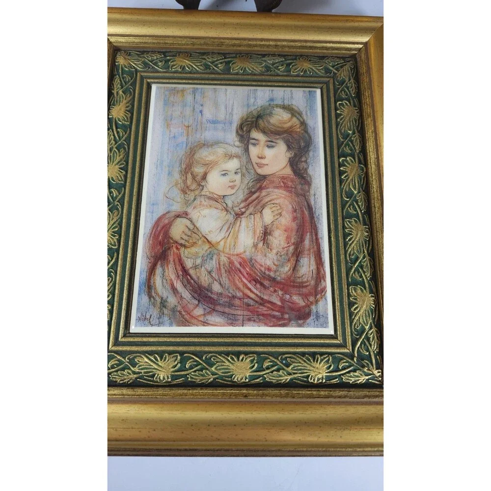 2 Signed Edna Hibel Framed Ceramic Tile Pieces 